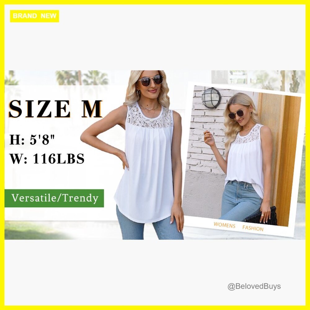 Loose Fit Pleated Tank Top Scoop Neck Lace Summer Tunic Flowy View 6